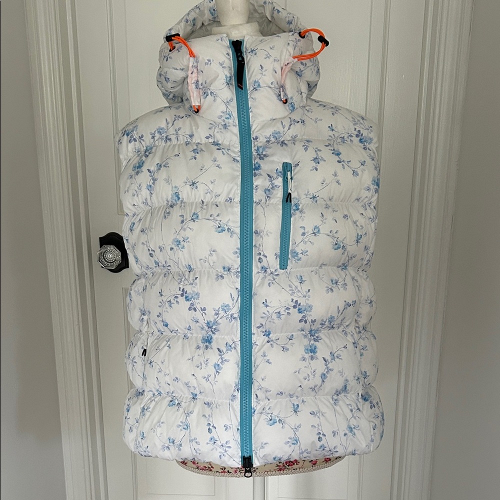 LoveShackFancy Floral Puffer Vest - White and Blue